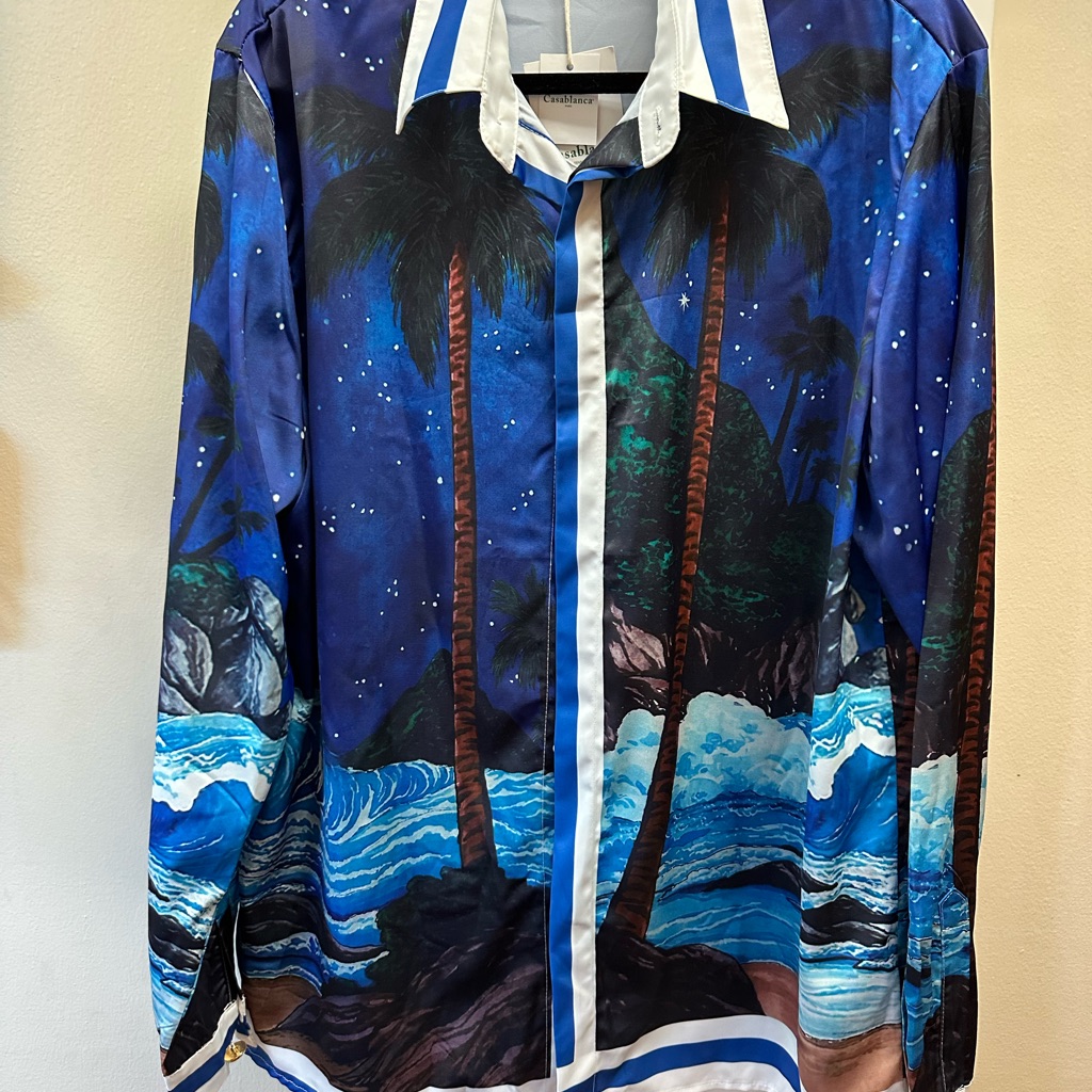 Casablanca Silk Blue Tropical Print Men's Casual Button Down Shirt